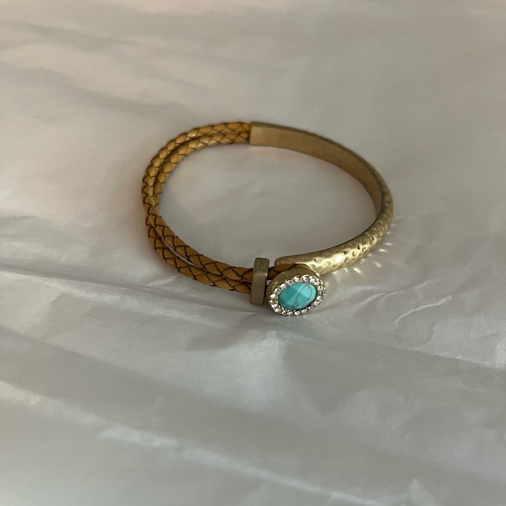 Gently Used Rhinestone turquoise leather and gold Bangle from Bloomingdale’s